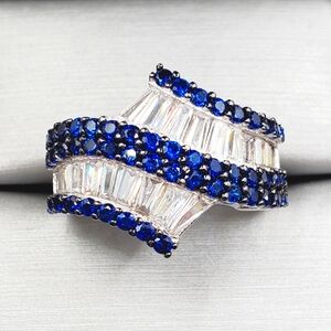 Round Blue Spinel & Diamond Baguette Simulant 925 Sterling Silver Ring